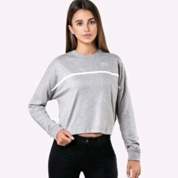 Nike Cropped Crew Neck Swoosh Jersey Top Size Grey M - Picture 1 of 8